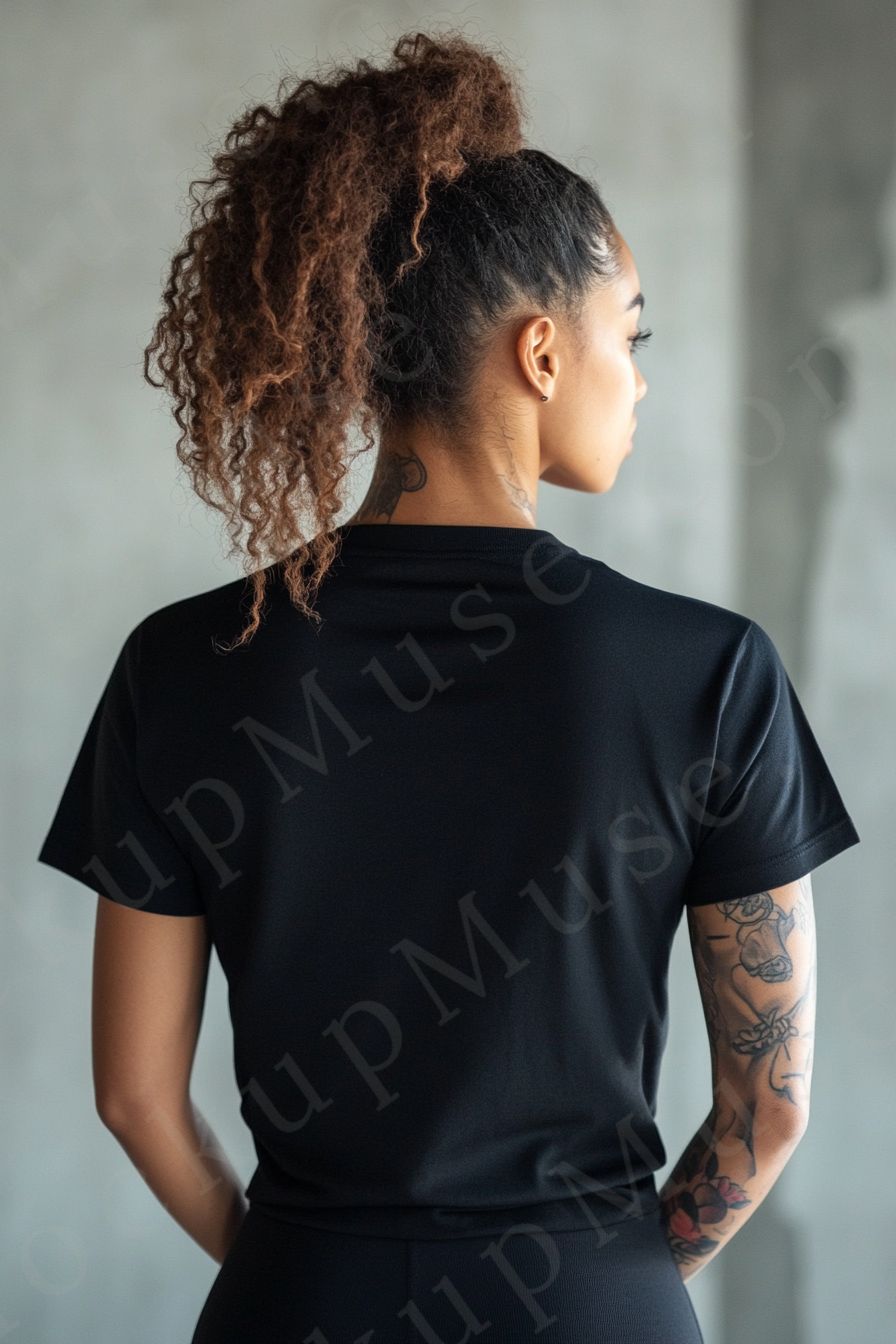 Vertical 2:3 women’s black onyx Gildan 5000 t‑shirt mockup, back view on textured gray studio with tattooed arms visible; clean apparel template for online stores.