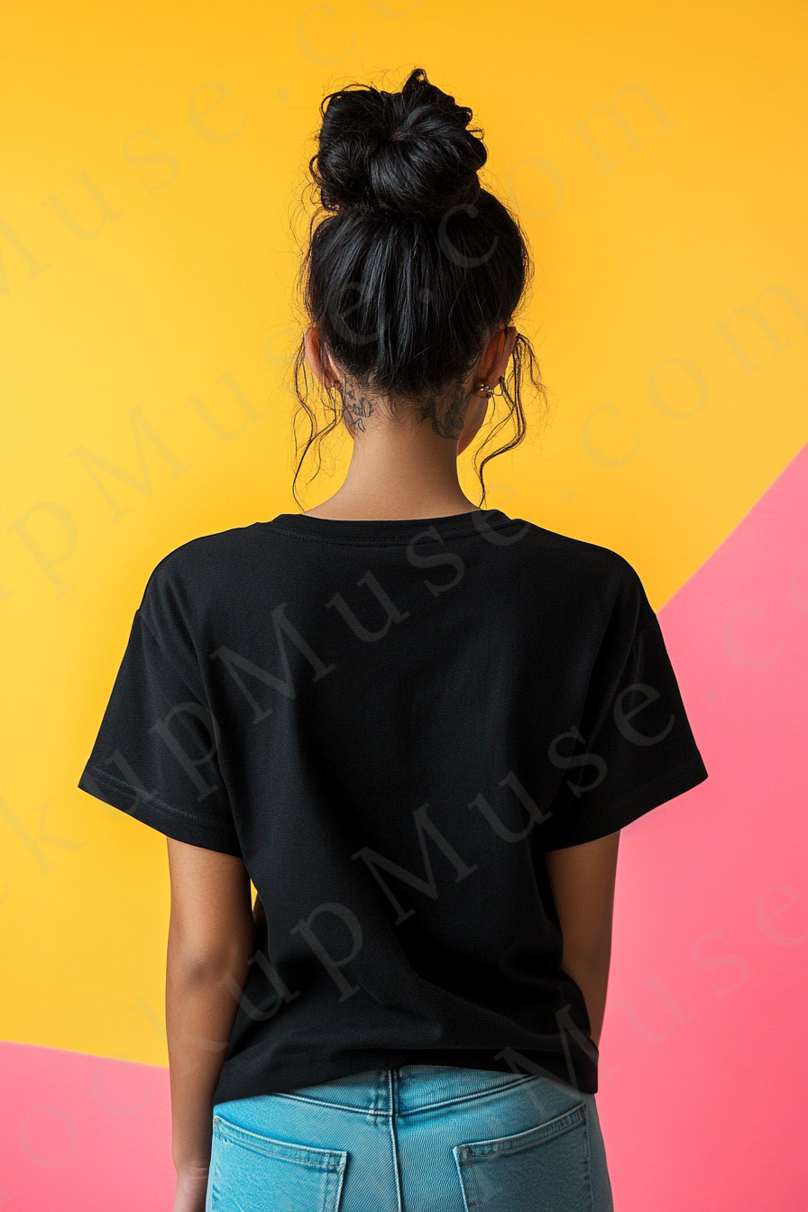 Vertical 2:3 women’s black onyx Gildan 5000 t‑shirt mockup, back view on yellow–pink color‑block studio; clean apparel template for online stores.