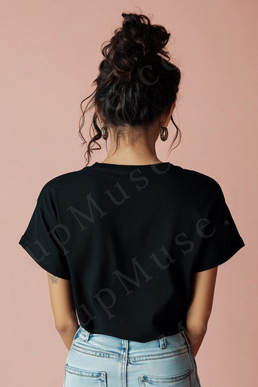 Vertical 2:3 women’s black onyx Gildan 5000 t‑shirt mockup, back view on peach studio; clean apparel template for online stores.