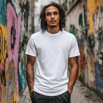 T‑Shirt Mockup – Gildan 5000 Men’s White Crewneck, Short Sleeve — Tattoos, City Street