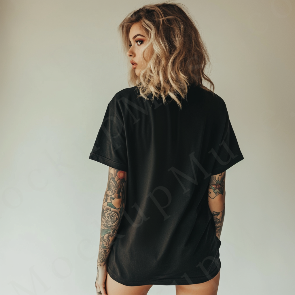 T-Shirt Mockup – Women’s Black, Oversized, Studio, Tattoos